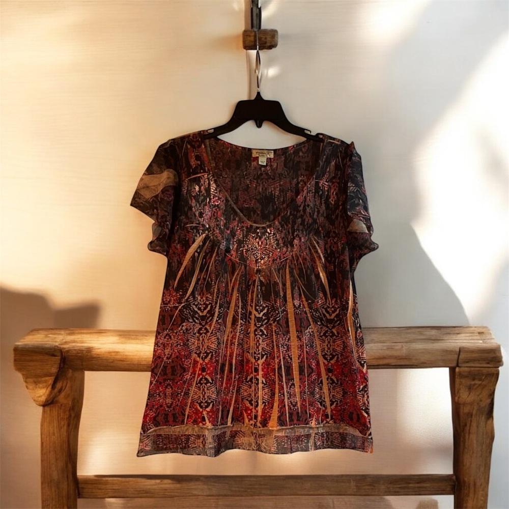 ONE WORLD Multicolor Short Sleeve Boho Print Blouse